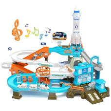 Risuntoy 53Pcs Space High-Speed Rail Adventure Track Set-Electric Elevator, Rotating Slide, 3 Mini Police Cars & Train, Lights & Music, Interactive Adventure Playset Fun For Kids 3+, Ideal Gift