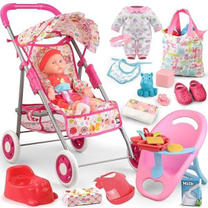 Baby Doll Stroller Set Toys For Girls Toddlers 3-5 4-6 Gifts,Baby Doll Set With 12.5 Inch Doll,1 Baby Dining Chair,20 Pcs Baby Doll Accessories And 2 Sets Doll Clothes For Realistic Pretend Play