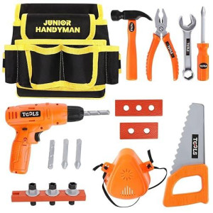 Playkidiz 20Pcs Kids Tool Set - Kids Tool Belt With Electronic Drill Toy, Pretend Construction Durable Toddler Tool Set For Boys And Girls Ages 3 To 8 Years Old, Adjustable Toddler Tool Belt