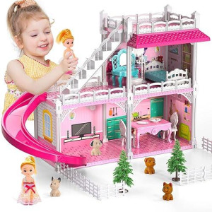 Dollhouses, Dreamhome Furniture Pink Girl Toys, 2 Stories 3 Rooms Dollshouse With 2 Princesses Slide Accessories, Toddler Playhouse Gift For For 3 4 5 6 7 8 9 10 Year Old Girls Toys