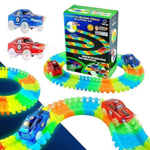 Usa Toyz Glow Tracks Starter Kit Race Tracks And 2 Led Toy Cars - 216Pk Glow In The Dark Bendable Flexible Rainbow Race Track Set With 2 Light Up Car Toys, Stem Building Toys For Boys And Girls