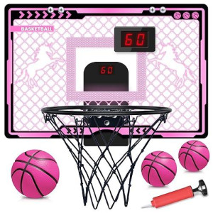 Indoor Basketball Hoop With Electronic Scoreboard And Led Light, Pink Over The Door Basketball Toy, For Kids Aged 4, 5, 6, 7, 8+Years Old