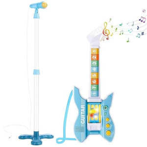 Deao Kids Guitar And Microphone Set With Stand Adjustable Height Music Light Karaoke Music Toys Christmas Birthday Gift For Kids Boys Girls (Blue)