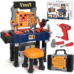 Kids Tool Bench With Electric Drill And Chair, Christmas Birthday Gift For Boys Girls Age 3,4,5+ Pretend Play Kids Tool Set, Transformable Toddler Tool Box, Construction Tool Toys For Toddler 3-5