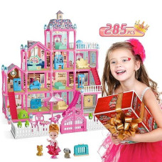 Dolls House For Girls 3-5 Diy Pink Dollshouses With 4 Stories 13 Rooms Deluxe Villa Toy With 1 Doll, Slide, Dogs, Furniture, Bedroom, Kitchen, 285 Pcs Dreamy House Toy Gift For Kids Girls Ages 3 4 5 6