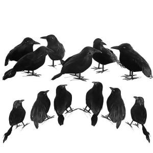 Yumhum 12 Packs Real Feathered Halloween Black Crows, Handmade Realistic Crow With Real Feathers Raven Birds For Yard Tree Garden Patio Indoor Outdoor Halloween Decorations