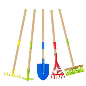 Theefun Kids Garden Tool Set: Safe Toddler Size Hoe, Rake, Shovel, Leaf Rake, Broom 5-Piece Kids Gardening Tools With Wooden Handle And Metal Head For Child Christmas Outdoor Toys Gift For Boys Girls