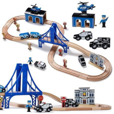 Sainsmart Jr. Wooden Train Set - Interactive Police Playset For Kids | Building Toy With Train, Figures & Accessories | Compatible With Brio, Thomas, Melissa And Doug | Educational Stem Gift