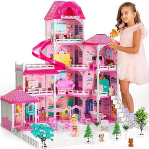 Dollhouses, Housetoys Furniture Pink Girl Toys, 4 Stories 10 Rooms Dreamhome With 2 Princesses Slide Accessories, Toddler Playhouse Gift For For 3 4 5 6 7 8 9 10 Year Old Girls Toys