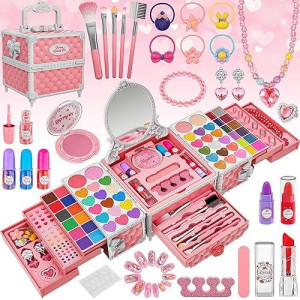 99 Pcs Kids Makeup Kit For Girls, Princess Toys Real Washable Cosmetics Set With Mirror, Hair Ties, Nails, Rings, Earrings, Necklace, Perfect For 3 4 5 6 7 8 Year Old Girls Birthday