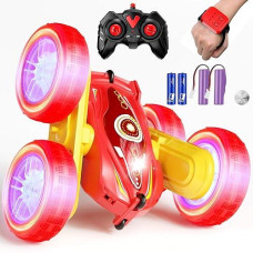 Rc Stunt Cars, Gesture Sensor Remote Control Car, 4Wd Remote Control Monster Trucks, 2.4Ghz Rc Rock Crawler With Headlights Wheel Lights, Double Sided 360° Flips Rc Car Toys For Kids Boys Girls (Red)