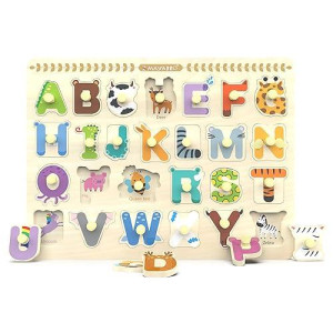 Wooden Peg Puzzles For Toddlers, Alphabet Learning Toys, Baby Puzzles Alphabet Board For Kids, Preschool Knob Puzzle For Boys Girls, Chunky Abc Shape Puzzles For 2 3 4 Year Old