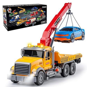 Majcl 15" Large Tow Truck Toy,Friction Powered Transport Truck Crane Toy With Lights And Sounds,With Roadster,Kids Toys For 3 4 5 6 7 Years Old Boys Girls Gifts