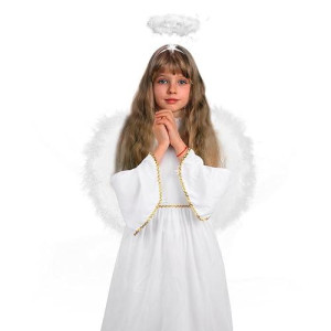 Derayee Angel Costume For Kids, Heavenly White Angelic Gown With Wings Headband For Girls Christmas Holiday Dress Cosplay Party