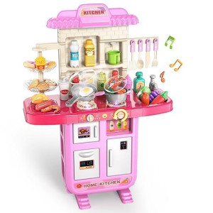 Toddler Kids Kitchen Playset, Play Kitchen Set With Sounds And Lights For Toddlers Kids 3-5 6-8, Pretend Food Toy Kitchens Christmas Birthday Gifts For Toddlers Kids 3 4 5 6 7 8 Years Old