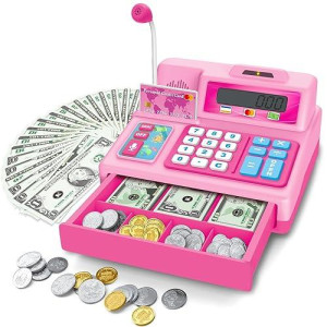 Baodlon Pretend Play Calculator Cash Register 73 Pcs Pink Toy Cash Register Microphone Credit Card And Banking For Kids Ear