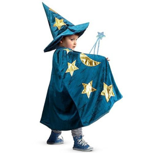 Kids Wizard Witch Cloak With Hat And Wand, Halloween Boys And Girls Cape Costume Props For Cosplay Party Fancy Dress (Blue)