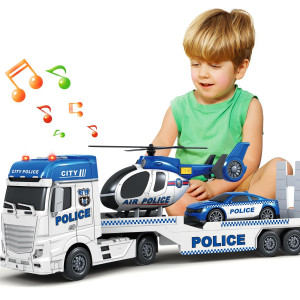 Springflower Toddler Boy Toys, 25" Large Police Truck Toy With Racing Car And Helicopter,3 In 1 Police Car Boy Toy, Christmas Birthday Gifts For Kids 3 4 5 6 Years Old