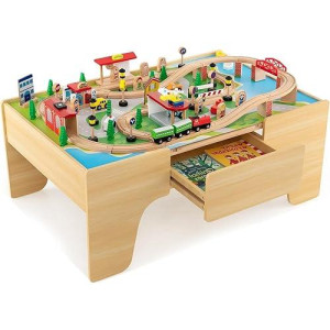 Costzon Train Table, 3-In-1 Wooden Train Set Table With Reversible 84 Pcs Track Train Toys, Table Map & Storage Drawer For Building, Playing, Studying, Eating, Kids Activity Table For Toddlers Aged 3+