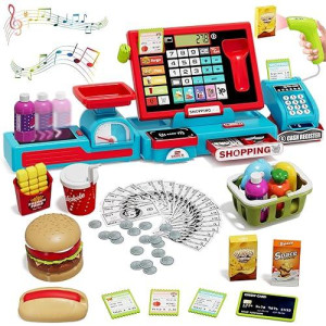 Wee Wonders 63Pcs Cash Register For Kids, Kids Cash Register With Real Calculator, Pretend Play Store With Music/Motorized Conveyor/Play Money/Food Toys, Learning Toys For Boys Girls 3+, Red