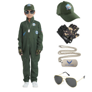 Zoruis Pilot Costume For Children, Top Air Force Aircraft Cosplay Costume With Cap, Glasses, Gloves, Pendant For Halloween Party For Kids 6 To 8