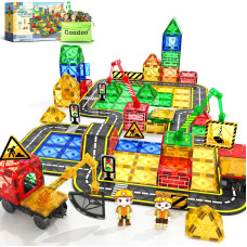 100 Pcs Magnetic Tiles Road Set With 3 Cranes 2 Cars Magnetic Blocks City Construction Building Toys For 3 Year Old Boys Gi