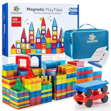 Sunny Auntie Magnetic Tiles 150 Pcs+ Bonus Zippered Case, Magnetic Tiles For Kids Toy For 3 4 5 6 7 8 Year Old Boys & Girls, Great Gift For Kids Aged 3-8, Xl Set