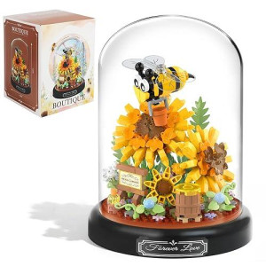 Plintone Sunflower And Bees Building Set For Adults, 548 Pcs Botanical Collection With Dust Cover, Sunflower Bonsai Blocks For Women And Girls