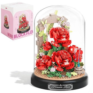 Plintone Blooming Red Roses Building Set For Adults, 574 Pcs Botanical Collection With Dust Cover, Romantic Rose Bouquet Bonsai Blocks For Women And Girls