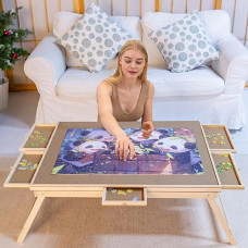 1500 Piece Wooden Folding Puzzle Table With Legs, 27" X 35" Jigsaw Puzzle Board With 6 Drawers And Protective Cover Portable Jigsaw Puzzle Table For Adults And Teens