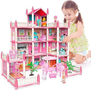 Deao Dollhouse Princess Girl Toys 4-Story 14 Rooms Kids Play Dollhouse Playset With 4 Dolls,Furniture & Accessories,Princess Castle Dollhouse Toy For 3 4 5 6 7 8 Kids Girls Toys