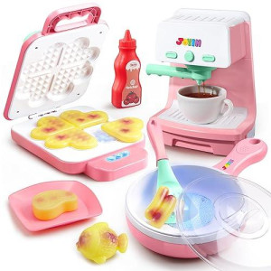 Play Kitchen Toys With Realistic Lights& Sounds, Pretend Play Toy Set For Girls Boy, Color Changing Breakfast Playset, Christmas Birthday Gift For Kids, Pink