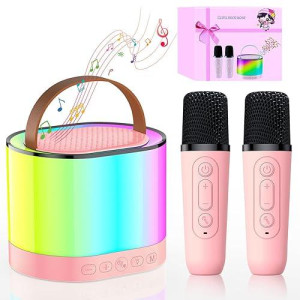 Mini Karaoke Machine For Kids, Toys For Ages 3-13+ Girls, Toys Christmas Birthday Gifts For Girls, Portable Bluetooth Speaker With 2 Wireless Microphones Family Party (Pink 2 Mics)