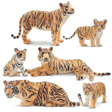 Toymany 6Pcs Realistic Tigers Figurines With Tiger Cubs, 2-6" Jungle Animals Figures Family Set, Educational Toy Cake Toppers Christmas Birthday Gift For Kids Toddlers