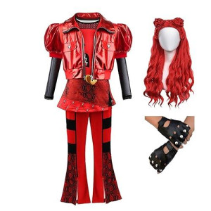 D.O.T Girls Rise Red Costume Includes Red Heart Jacket Shirt Flared Pants Wig Gloves 5Pcs Halloween Princess Dress Up 3-14Y (Red, 9-10Years)