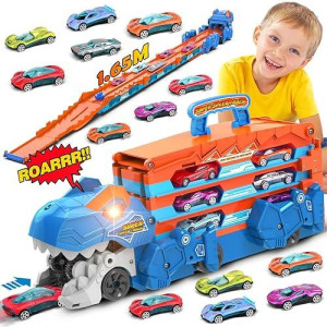 Terramus Dinosaur Transport Truck Car Toy For Kids - 3 In 1 Ejection Folding Track Toys W/Sound, Portable Truck With 8 Race Cars, Best Gift Carrier Vehicles Toys Set For Boys Girls 3 4 5 6 Years Old