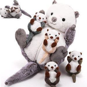 Shappy 5 Pcs Valentines Sea Otter Stuffed Animals Large Mommy Sea Otter Stuffy Plush With 4 Cute Babies In Her Belly Soft Cuddly Zippered Plushie For Valentines Day Birthday Party Gifts(Gray)