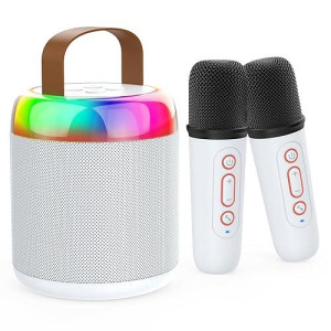 Mini Karaoke Machine For Kids Portable Bluetooth 5.3 Speaker Led Lights With 2 Wireless Microphones Karaoke Toy Gifts For Girls Boys Audlt Birthday Christmas Solid Metal Body - Pure White