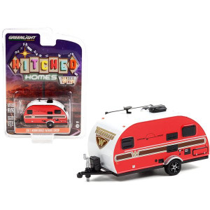 2017 Winnebago Winnie Drop Travel Trailer Red and White with Wood grain Paneling Hitched Homes Series 11 164 Diecast Model by greenlight
