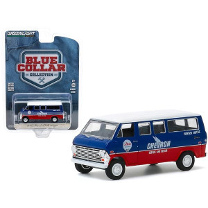 1970 Ford club Wagon Van chevron Service & Repair courtesy Shuttle Blue and Red with White Top Blue collar collection Series 7 164 Diecast Model car by greenlight