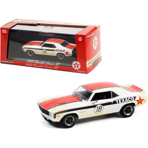 1969 chevrolet camaro RS 18 Texaco White with Black and Orange Stripes (Weathered) 143 Diecast Model car by greenlight