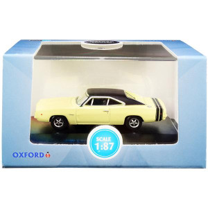 1968 Dodge charger Light Yellow with Black Top and Black Stripes 187 (HO) Scale Diecast Model car by Oxford Diecast