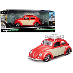 1951 Volkswagen Beetle with Roof Rack Orange Red classic Muscle 118 Diecast Model car by Maisto