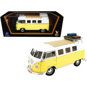 1962 Volkswagen Microbus with Roof Rack and Luggage Yellow and White 118 Diecast Model by Road Signature