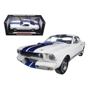 1965 Ford Mustang Shelby gT350R White with Blue Stripes and Printed carroll Shelbys Signature on the Roof 118 Diecast Model car by Shelby collectibles