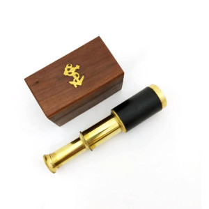 Benzara Small Brass Telescope with Pullout Wooden Box, gold and Brown