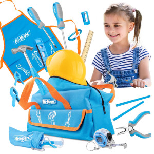 Hi-Spec 18pc Blue Kids Tool Kit Set & child Size Tool Bag Real Metal Hand Tools for DIY Building, Woodwork & construction
