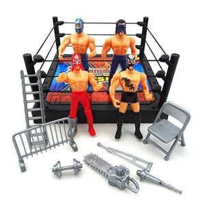 LilPals Extreme Wrestling Toy Set - Includes Wrestling Ring, Poles, Ropes, 4 Movable Action Figures & Miscellaneous Wrestling Accessories (Ladder, chainsaw, Dumbbell, etc) - Age 3+