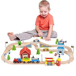 Wooden Train Set Toy with 2 Deluxe Dollhouse Accessories, 80Pcs Toddler Track Train Set Fits Thomas, Brio, chuggington, gift Packed for Kids Over 3 Year Old