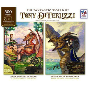 The Jigsaw Puzzle Factory 2-in-1 Tony Diterlizzi Dragon Summoner & golden Afternoon, Fantasy Puzzle games for Adults and Kids, 300 Piece, Prints Included